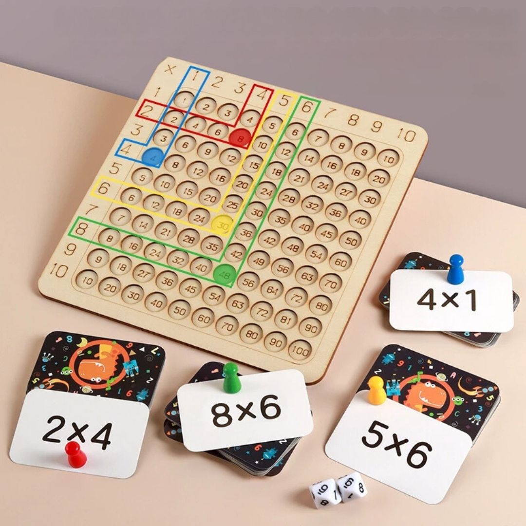 Wooden Number Board Game with Chips and Cards for Practicing Addition and Multiplication