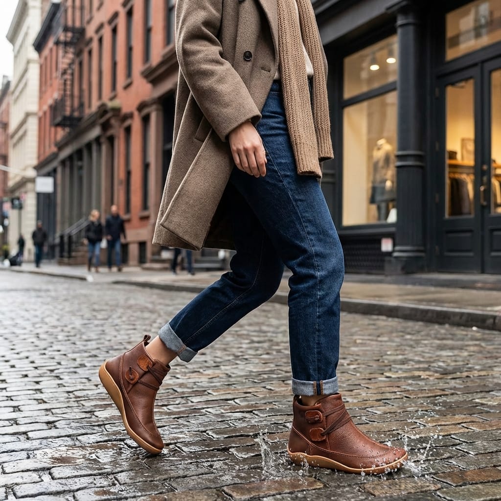 Brown Leather Ankle Boots with Orthopedic Footbed and Lace Closure, Water Resistant