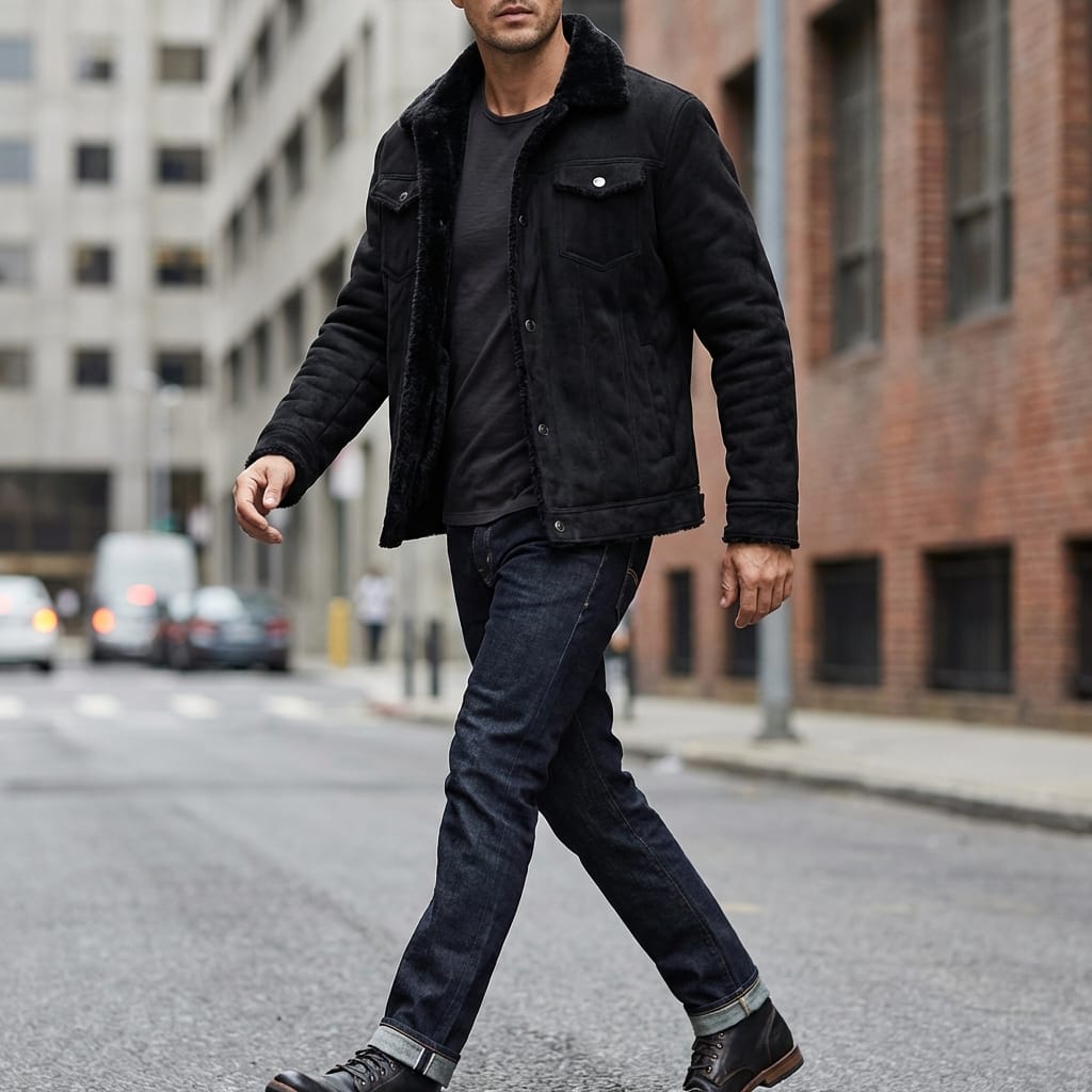 Mens Fleece Lined Winter Jacket with Suede Look Shell and Folded Collar