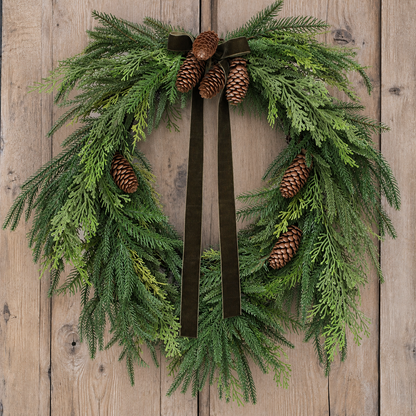Heart Shaped Pine Wreath with Pine Cones and Hunter Green Ribbon 24 Inch