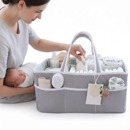 Portable Diaper Caddy Organizer with 3 Compartments and 8 Side Pockets