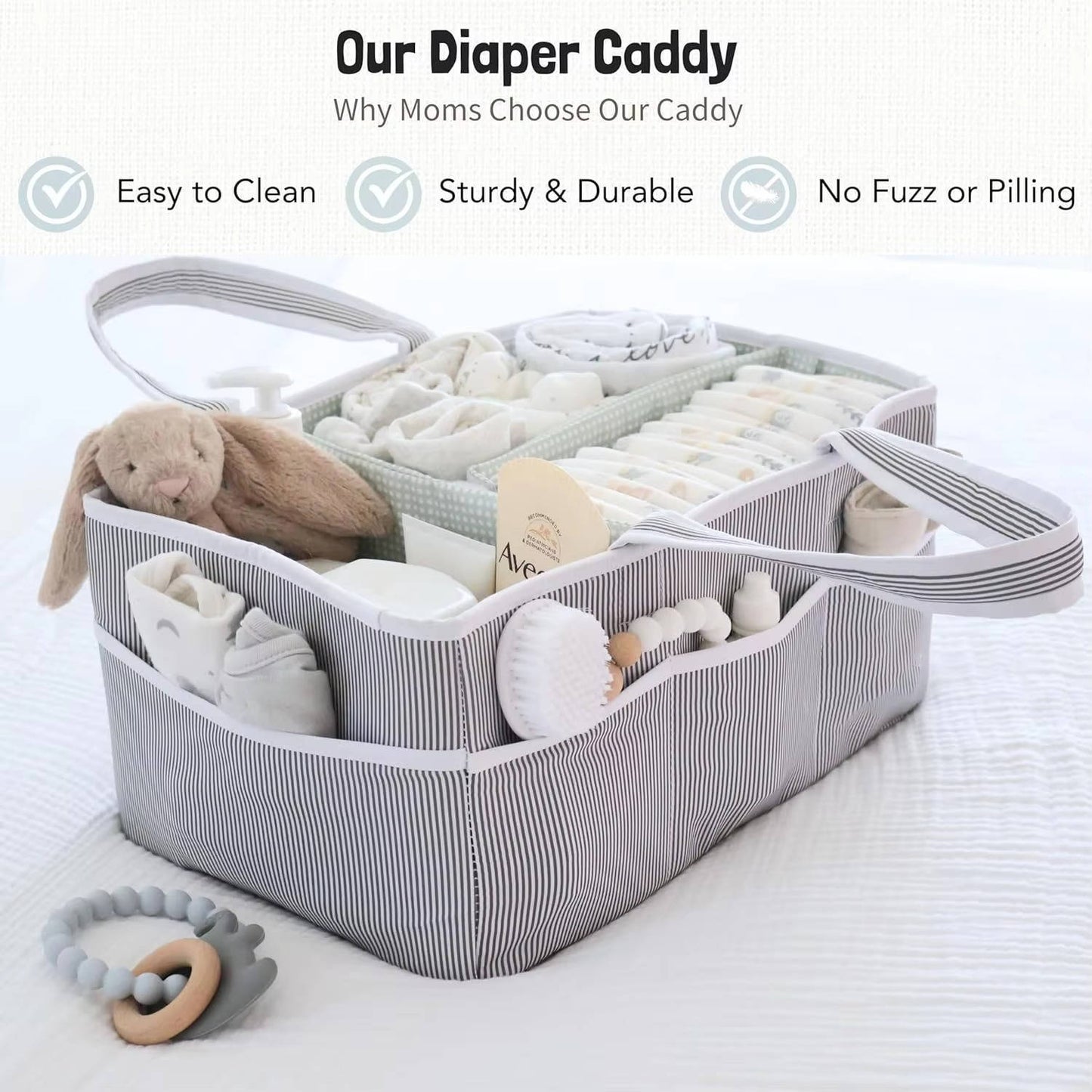 Portable Diaper Caddy Organizer with 3 Compartments and 8 Side Pockets