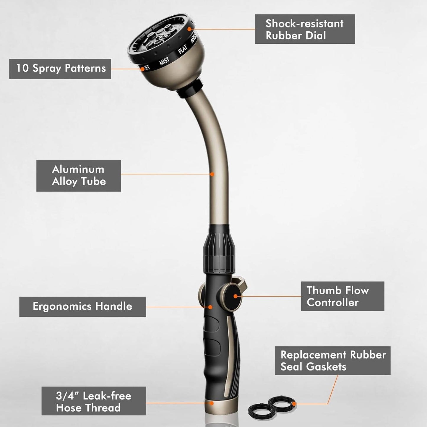 Metal Garden Hose Wand with 10 Spray Patterns and Rubber Grip Handle
