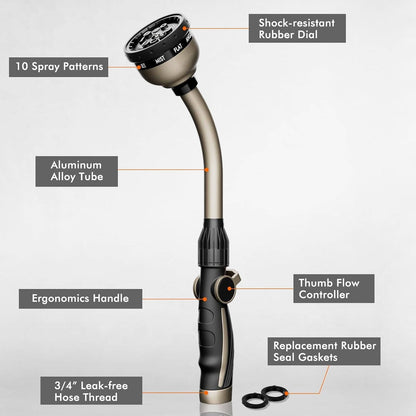 Metal Garden Hose Wand with 10 Spray Patterns and Rubber Grip Handle