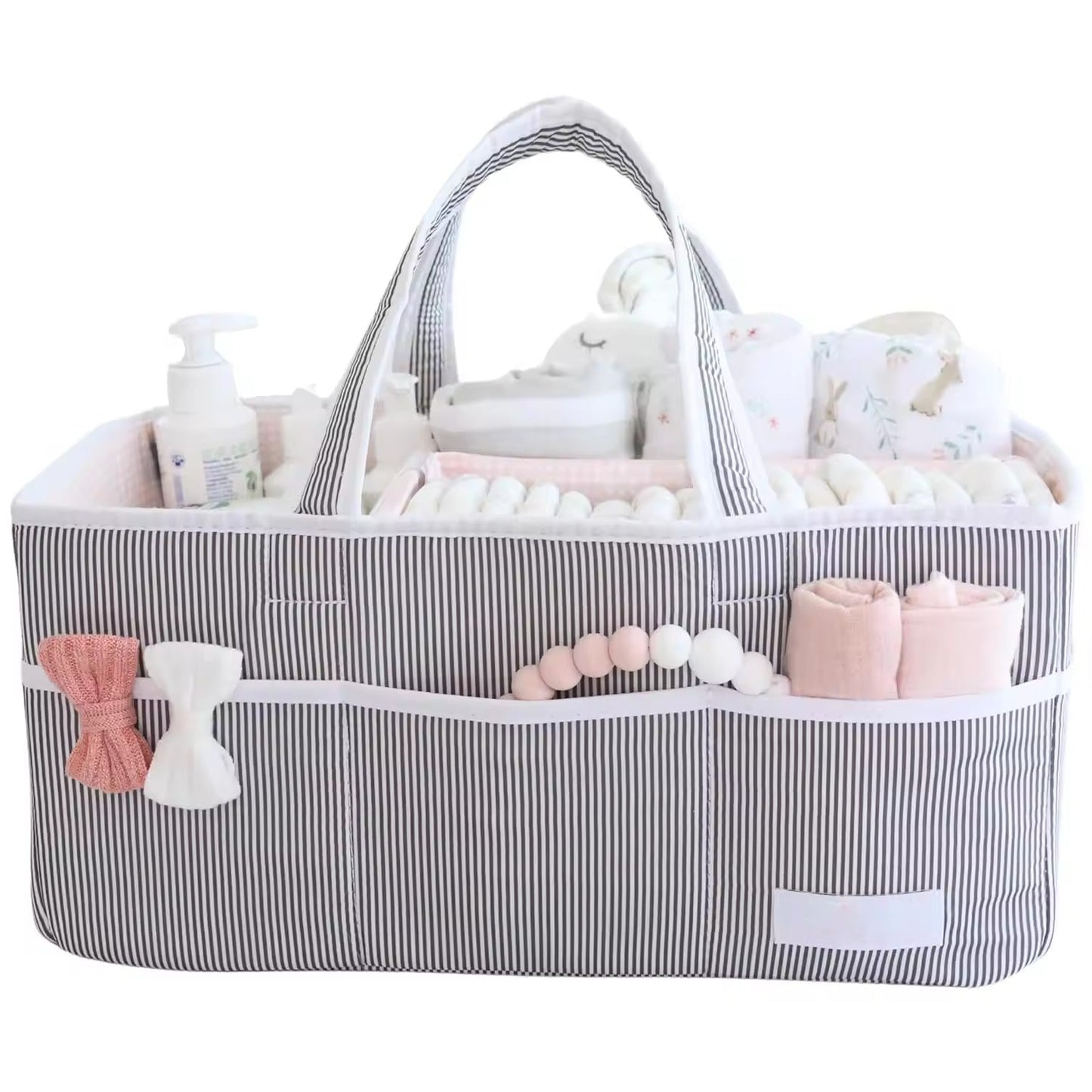 Portable Diaper Caddy Organizer with 3 Compartments and 8 Side Pockets