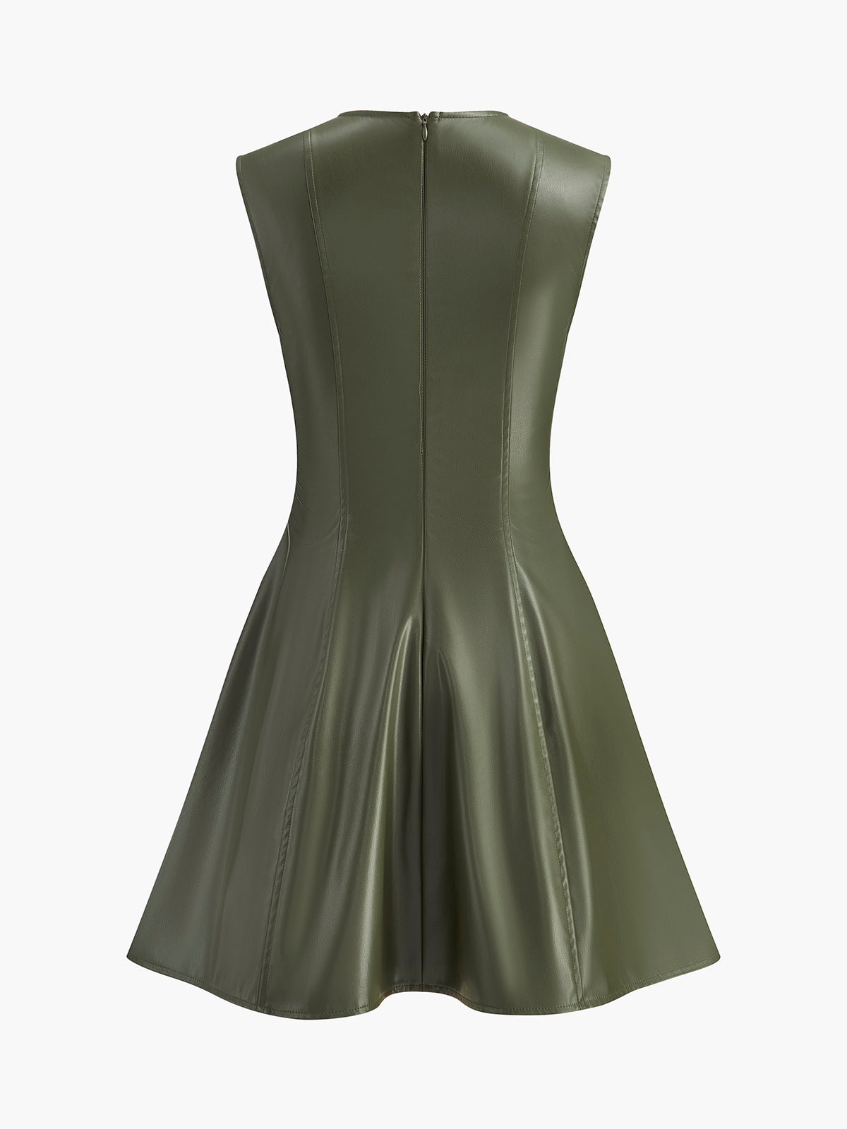Sleeveless Pleated Faux Leather Short Dress with a Crew Neck and Invisible Zipper in Army Green