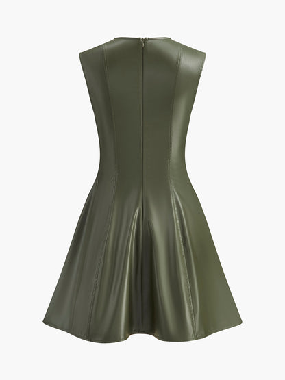Sleeveless Pleated Faux Leather Short Dress with a Crew Neck and Invisible Zipper in Army Green