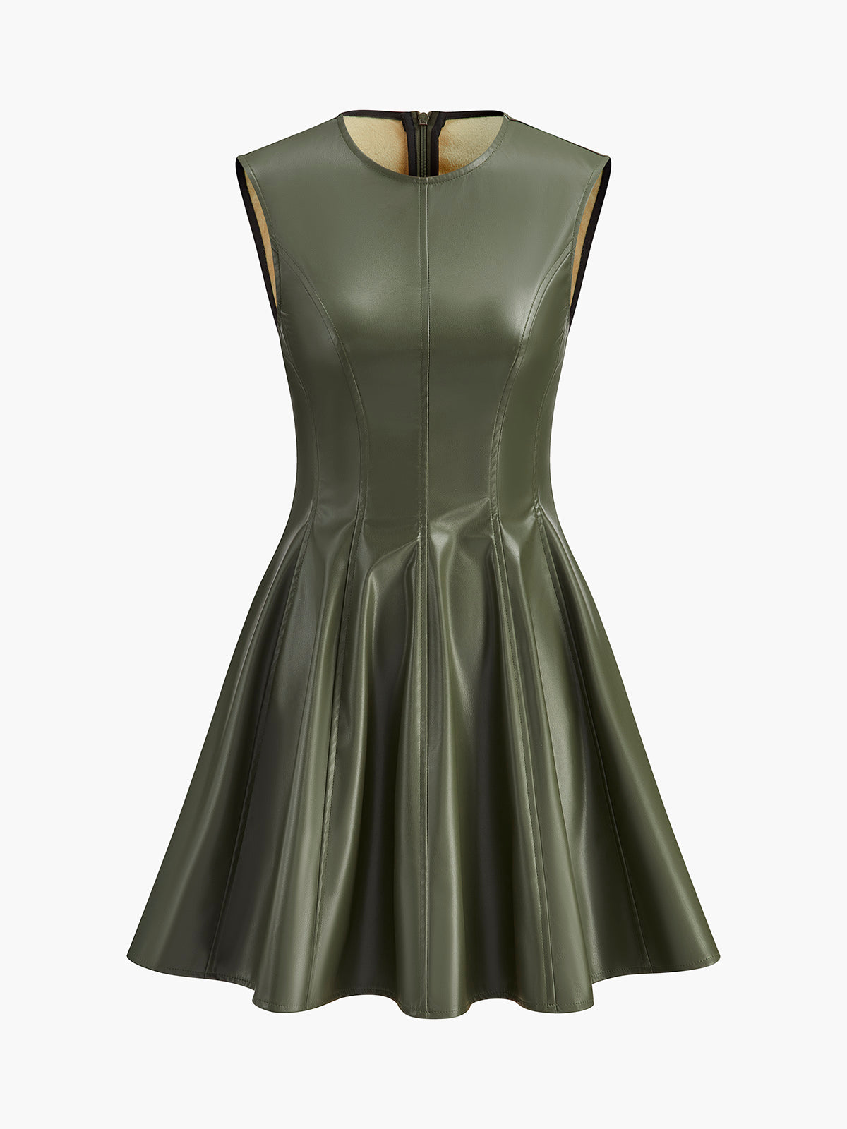 Sleeveless Pleated Faux Leather Short Dress with a Crew Neck and Invisible Zipper in Army Green