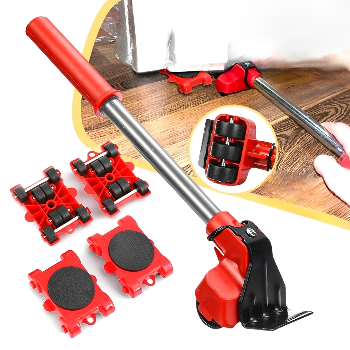 Furniture Moving System with 360 Degree Rotating Pads and Lifting Bar