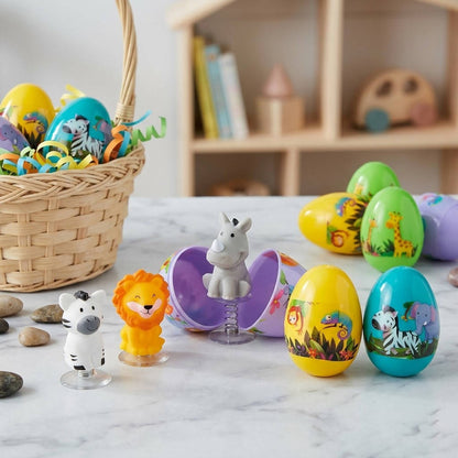Pop Up Zoo Animal Easter Eggs with Snap Closure and Assorted Colors, 12 Pack