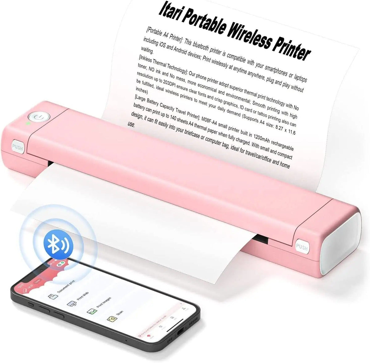 Portable Wireless A4 Thermal Printer with Bluetooth and No Ink Required