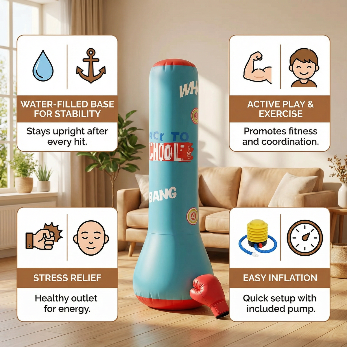 Inflatable Kids Boxing Bag with Weighted Water Base for Indoor Play