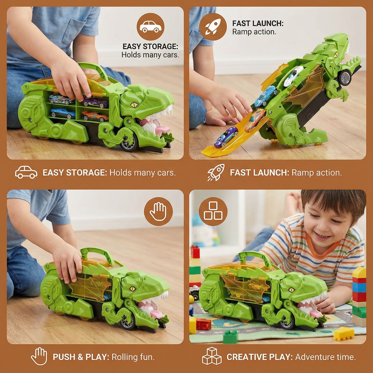 Transforming Dinosaur Truck Toy with Two Cars LED Lights and Carry Handle for Kids