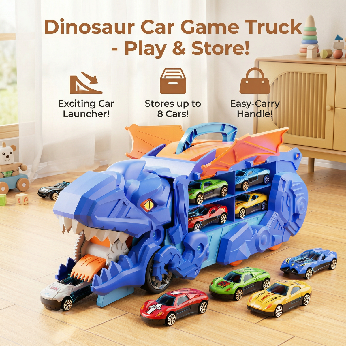 Transforming Dinosaur Truck Toy with Two Cars LED Lights and Carry Handle for Kids