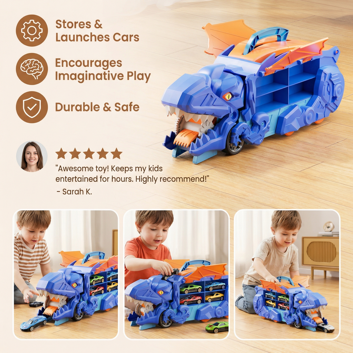 Transforming Dinosaur Truck Toy with Two Cars LED Lights and Carry Handle for Kids