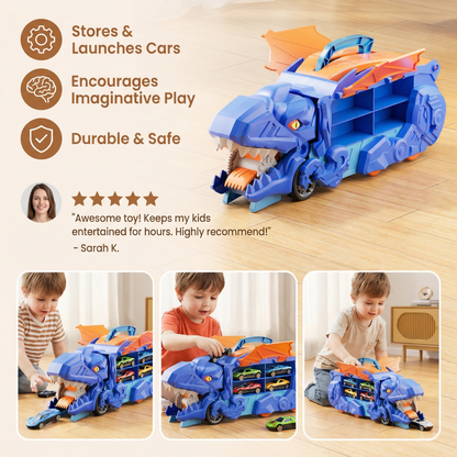 Transforming Dinosaur Truck Toy with Two Cars LED Lights and Carry Handle for Kids