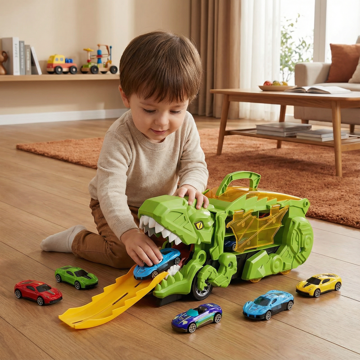 Transforming Dinosaur Truck Toy with Two Cars LED Lights and Carry Handle for Kids