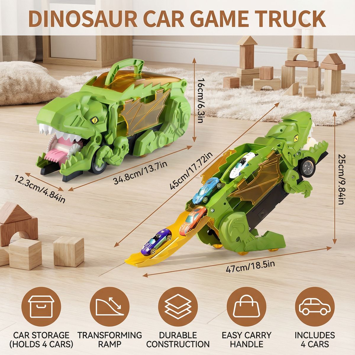 Transforming Dinosaur Truck Toy with Two Cars LED Lights and Carry Handle for Kids