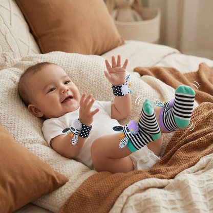 Baby Wrist and Ankle Rattle Socks with Soft Chimes and High Contrast Patterns
