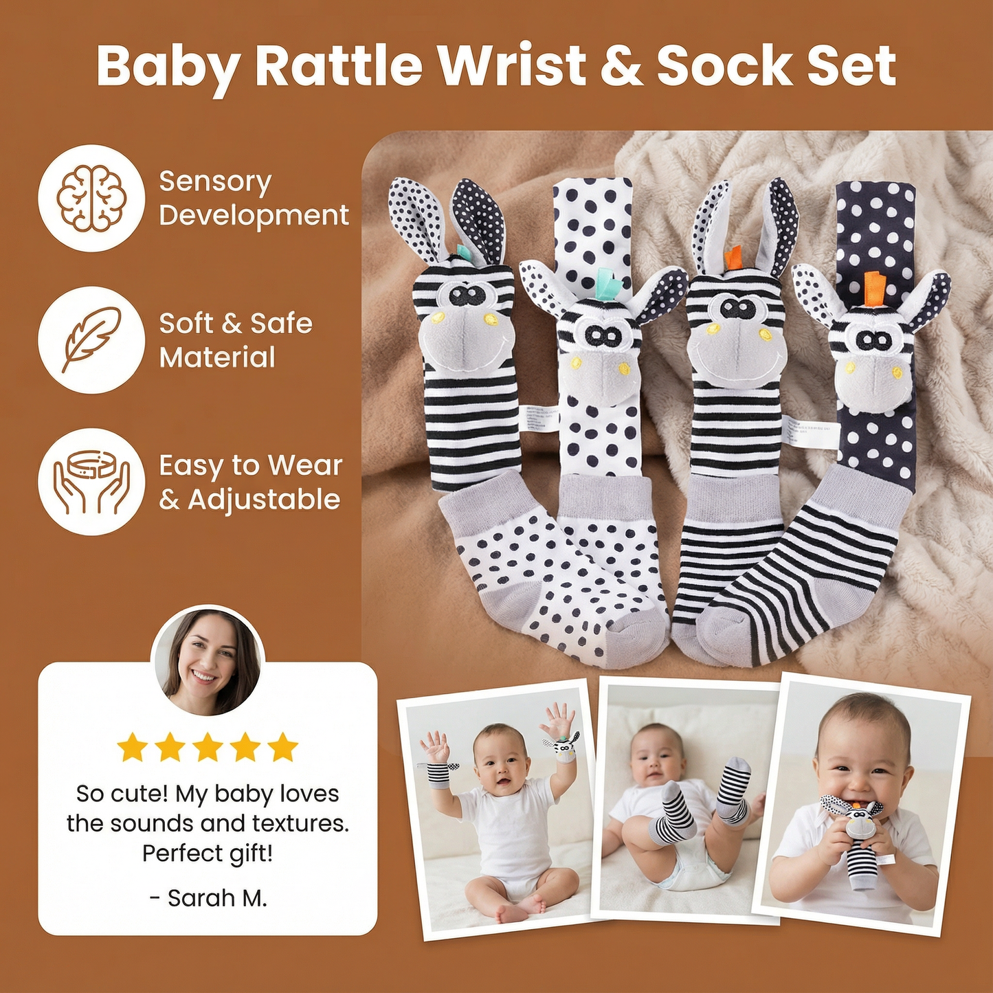 Baby Wrist and Ankle Rattle Socks with Soft Chimes and High Contrast Patterns