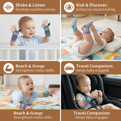 Baby Wrist and Ankle Rattle Socks with Soft Chimes and High Contrast Patterns