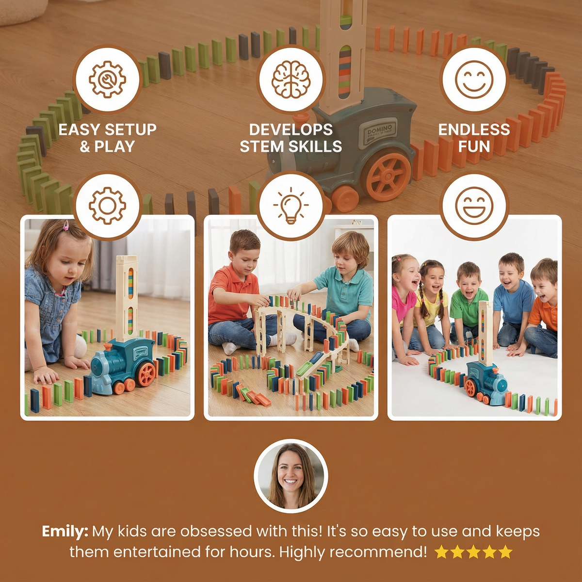 Domino Laying Train Toy in Blue Or Pink Sets with 60 Dominoes and Extra Domino Packs