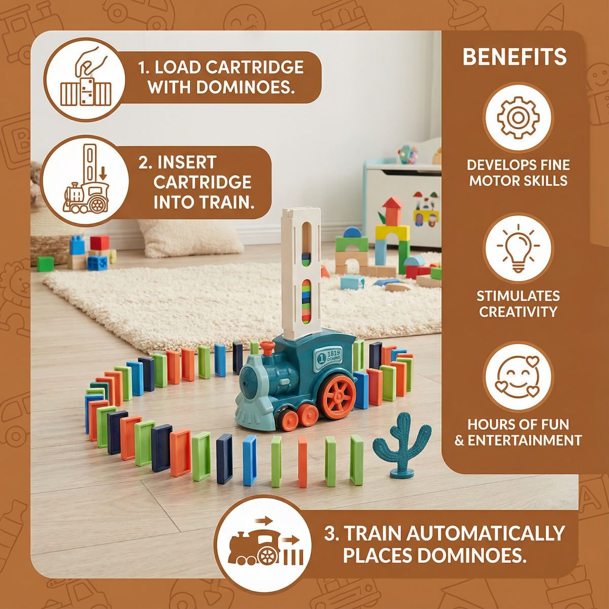 Domino Laying Train Toy in Blue Or Pink Sets with 60 Dominoes and Extra Domino Packs