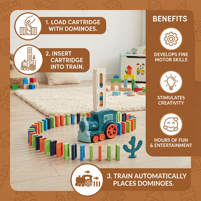 Domino Laying Train Toy in Blue Or Pink Sets with 60 Dominoes and Extra Domino Packs