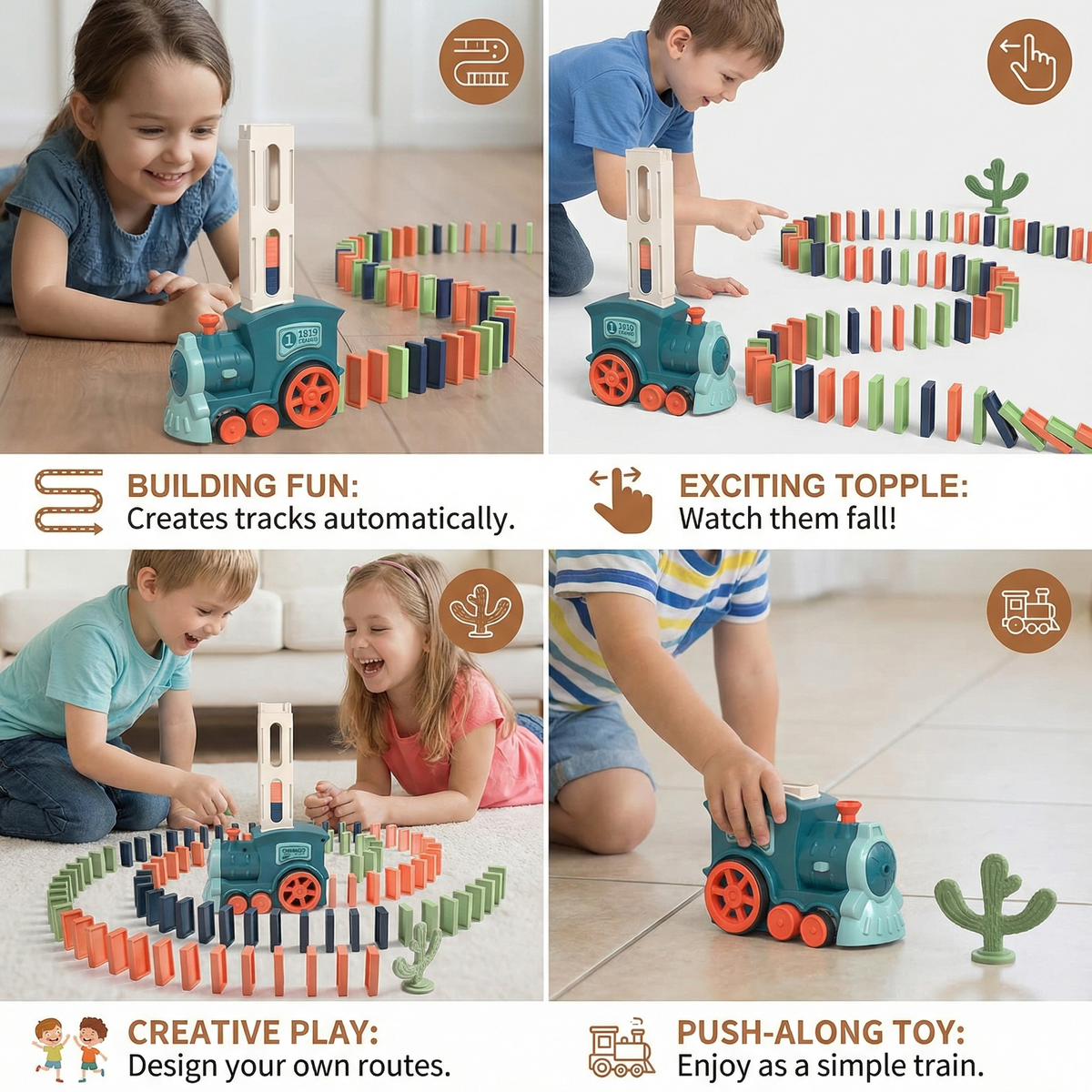 Domino Laying Train Toy in Blue Or Pink Sets with 60 Dominoes and Extra Domino Packs