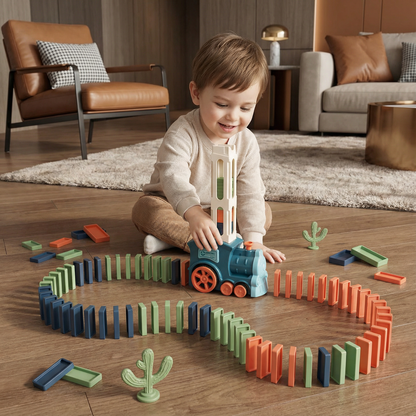 Domino Laying Train Toy in Blue Or Pink Sets with 60 Dominoes and Extra Domino Packs