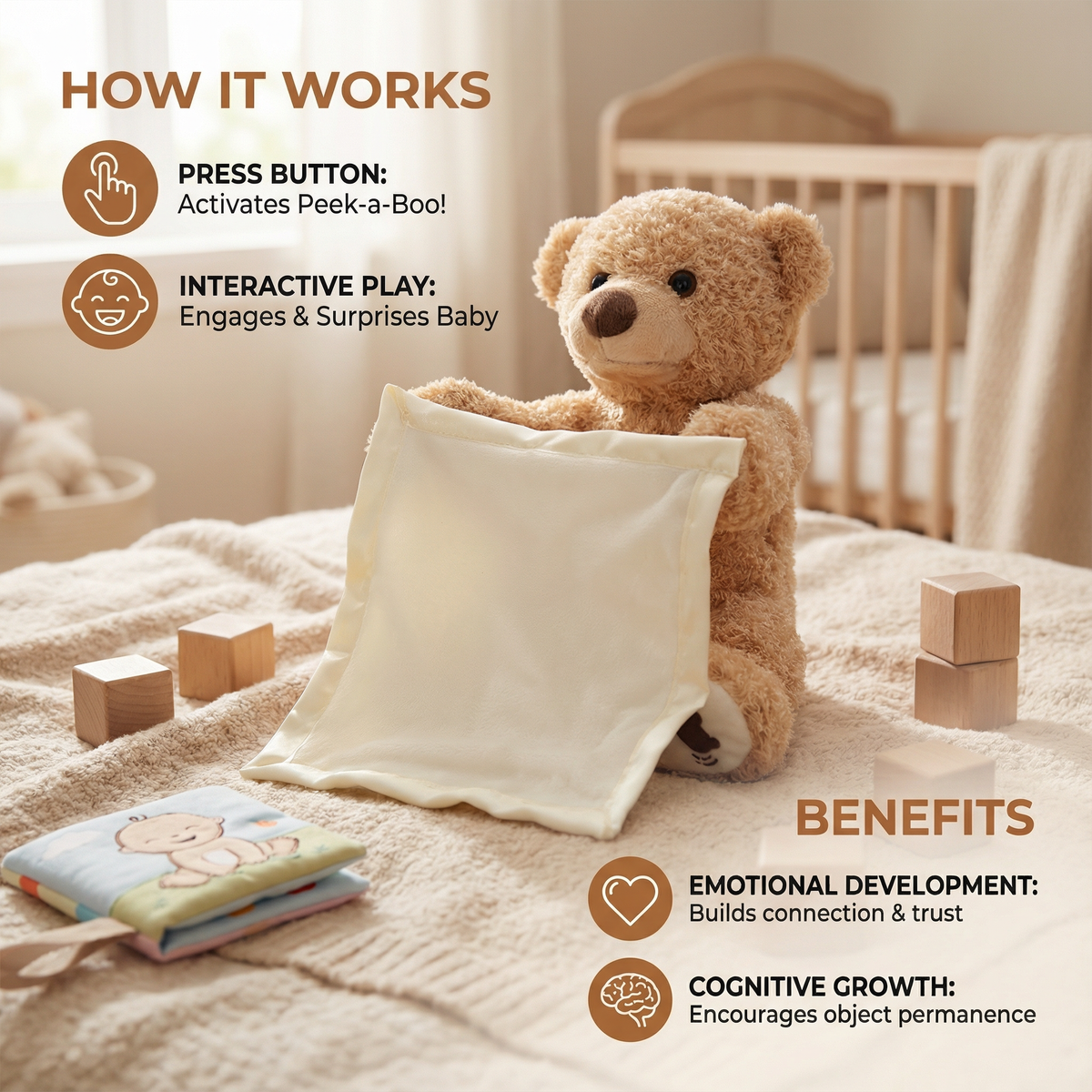 Interactive Plush Teddy Bear with Talking Voice and Peekaboo Movements