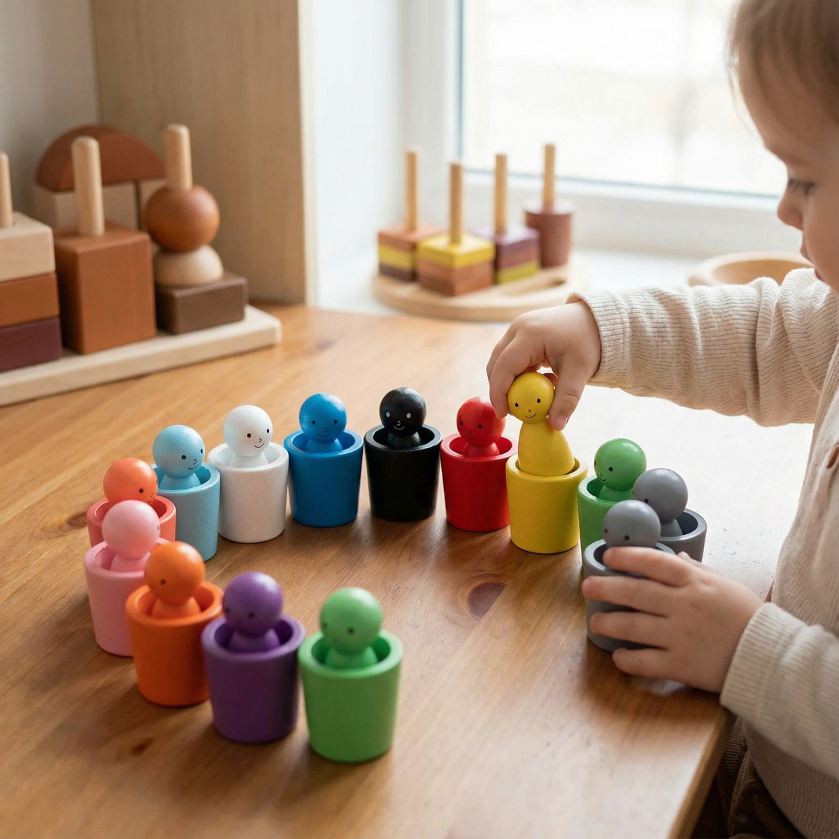 Wooden Color Sorting Cup Game with Cute Figures for Toddlers and Preschool Play