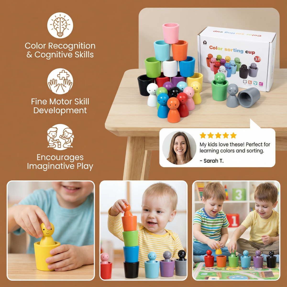 Wooden Color Sorting Cup Game with Cute Figures for Toddlers and Preschool Play