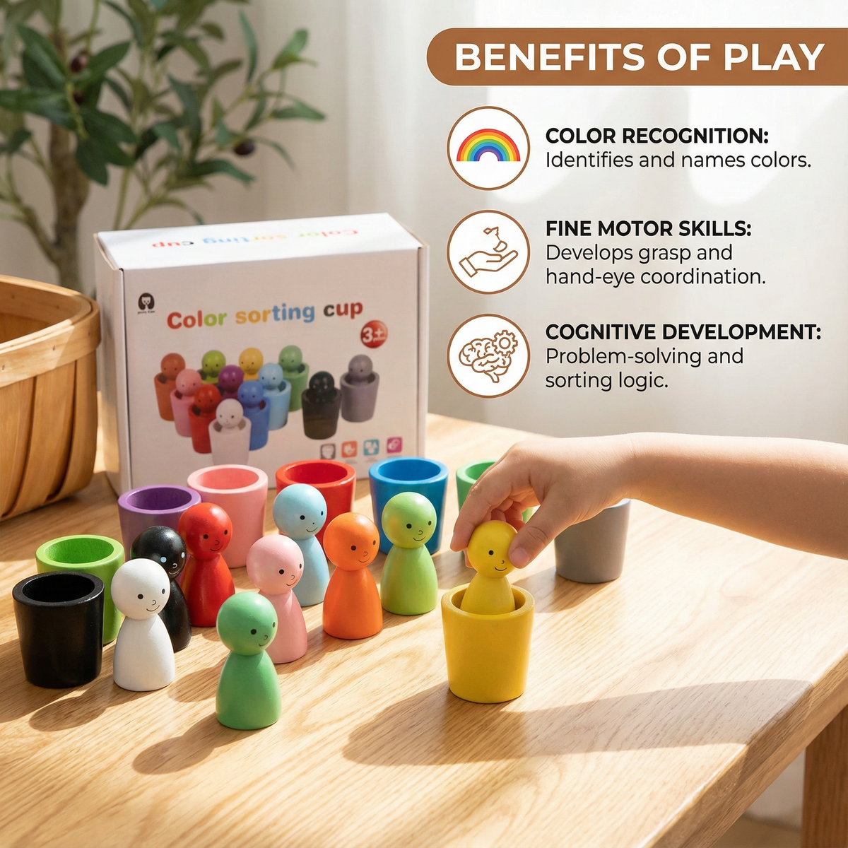 Wooden Color Sorting Cup Game with Cute Figures for Toddlers and Preschool Play