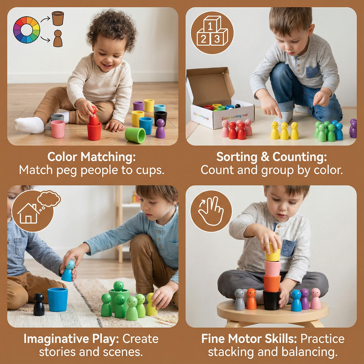 Wooden Color Sorting Cup Game with Cute Figures for Toddlers and Preschool Play