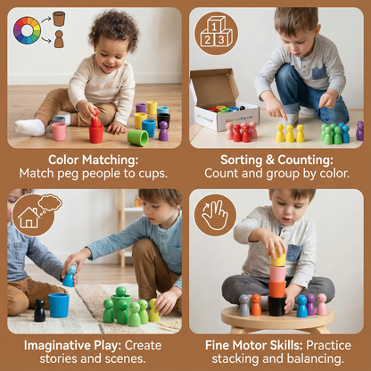 Wooden Color Sorting Cup Game with Cute Figures for Toddlers and Preschool Play
