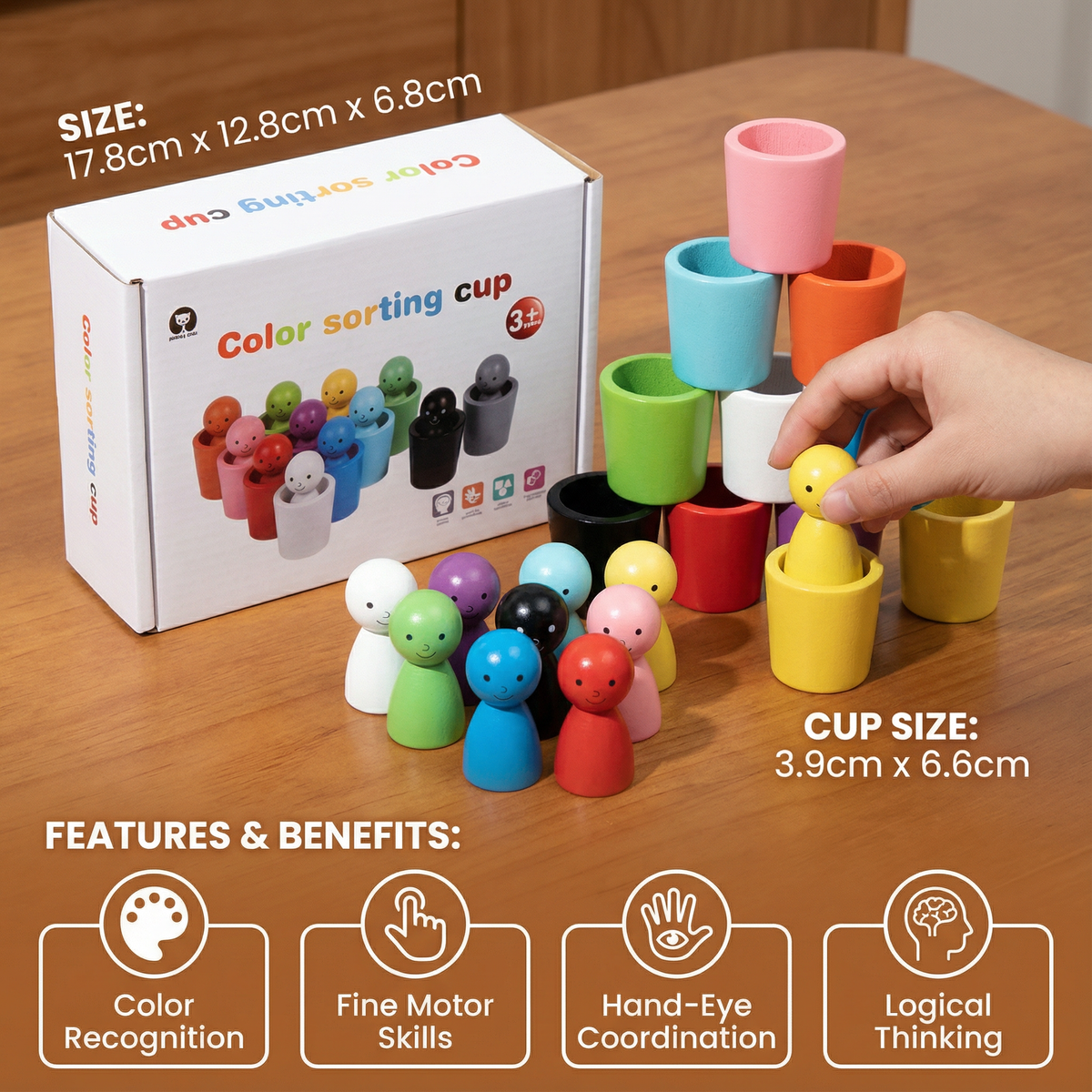 Wooden Color Sorting Cup Game with Cute Figures for Toddlers and Preschool Play
