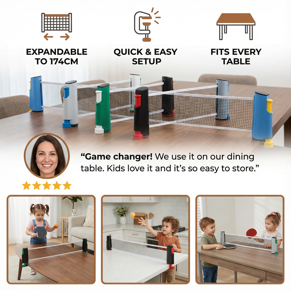 Adjustable Table Tennis Net That Clips Onto Almost Any Table in Four Colors