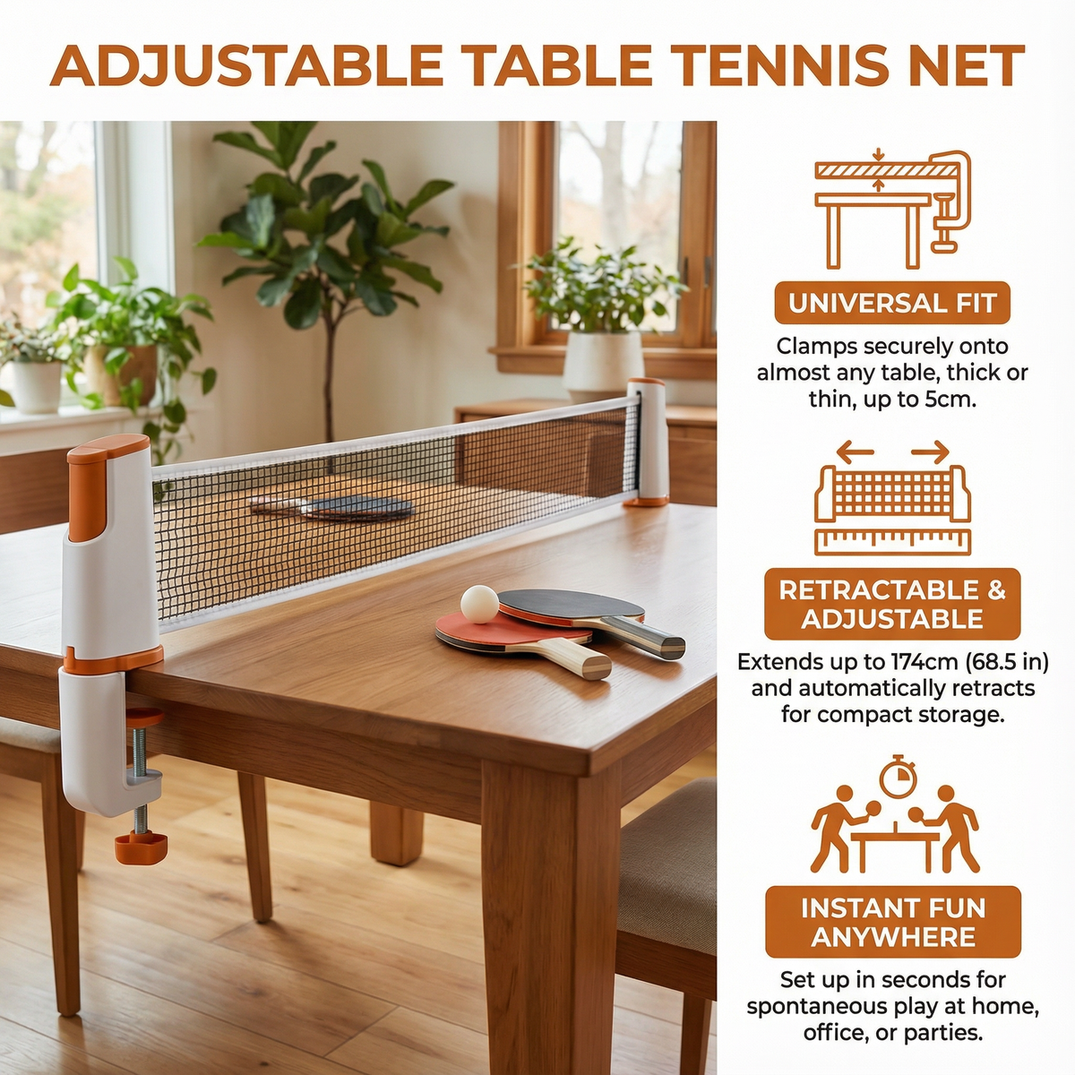 Adjustable Table Tennis Net That Clips Onto Almost Any Table in Four Colors
