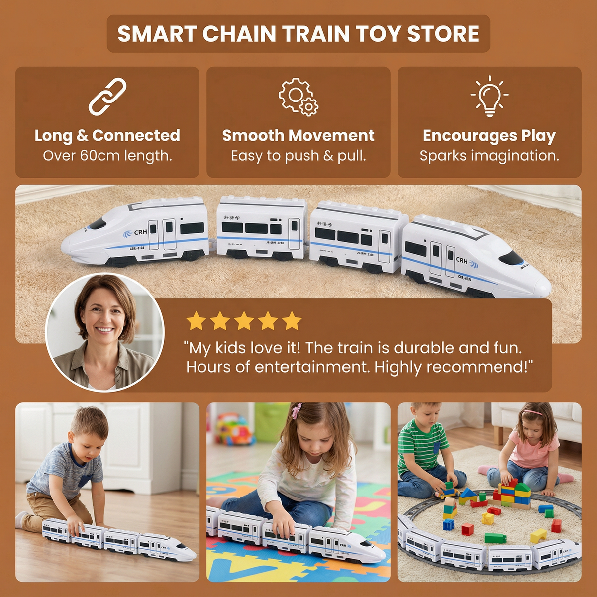 Colorful Chain Train Toy with Linkable Carriages in Sets of Three, Four, or Five