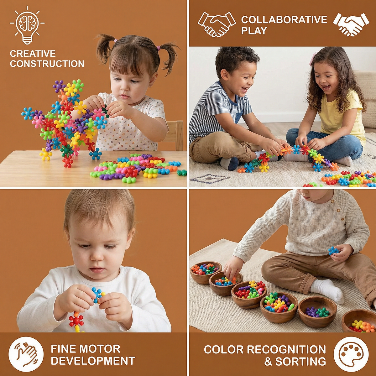 Snowflake Shaped Interlocking Building Blocks with Storage Box in Sets of 50 to 290 Pieces