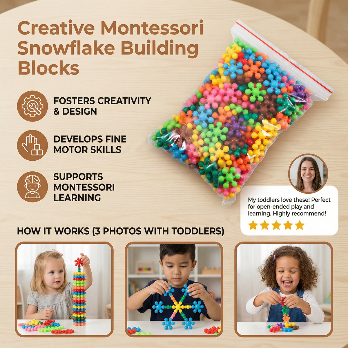 Snowflake Shaped Interlocking Building Blocks with Storage Box in Sets of 50 to 290 Pieces