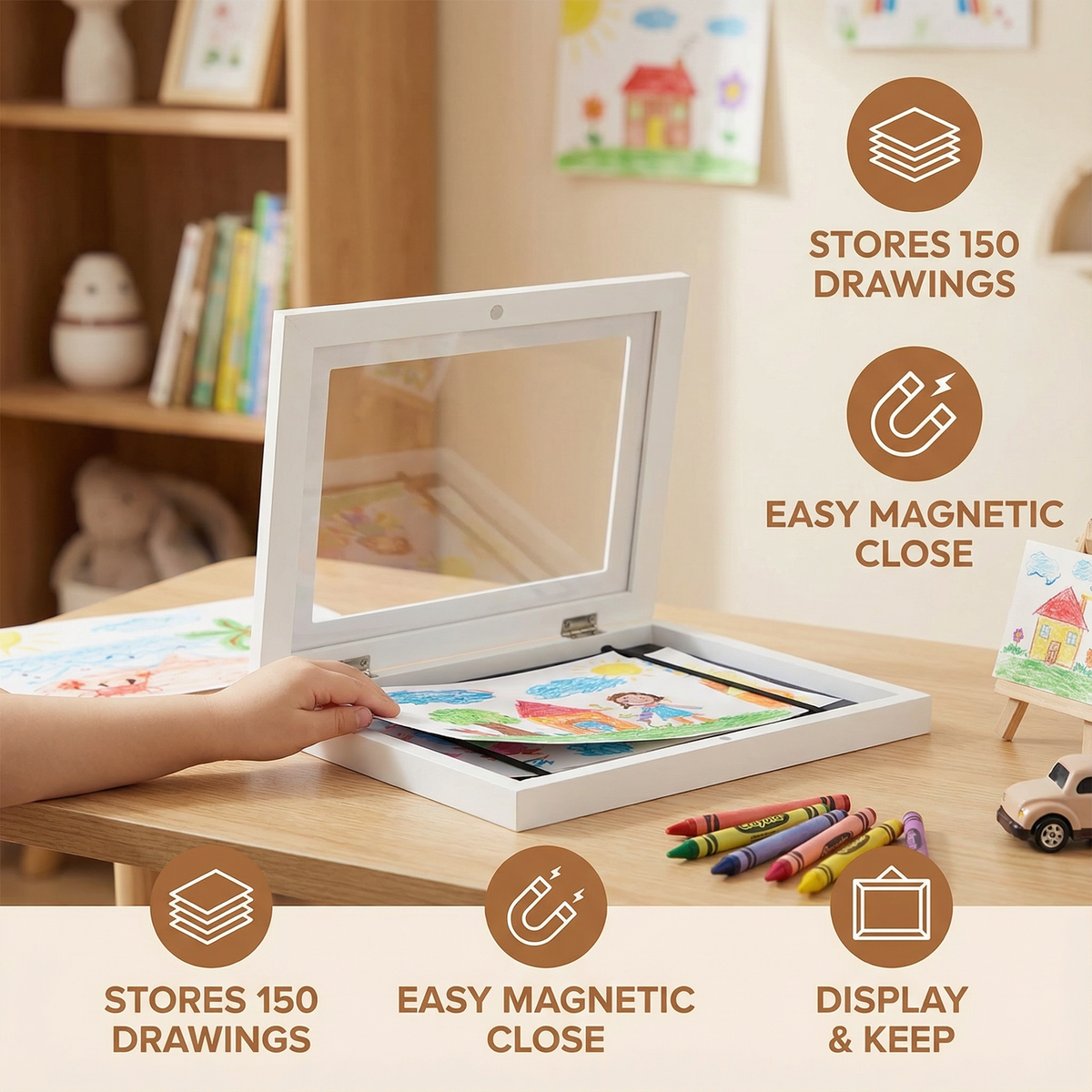 Kids Artwork Display Frame That Holds Up to 150 Drawings with Easy Flip Open Design