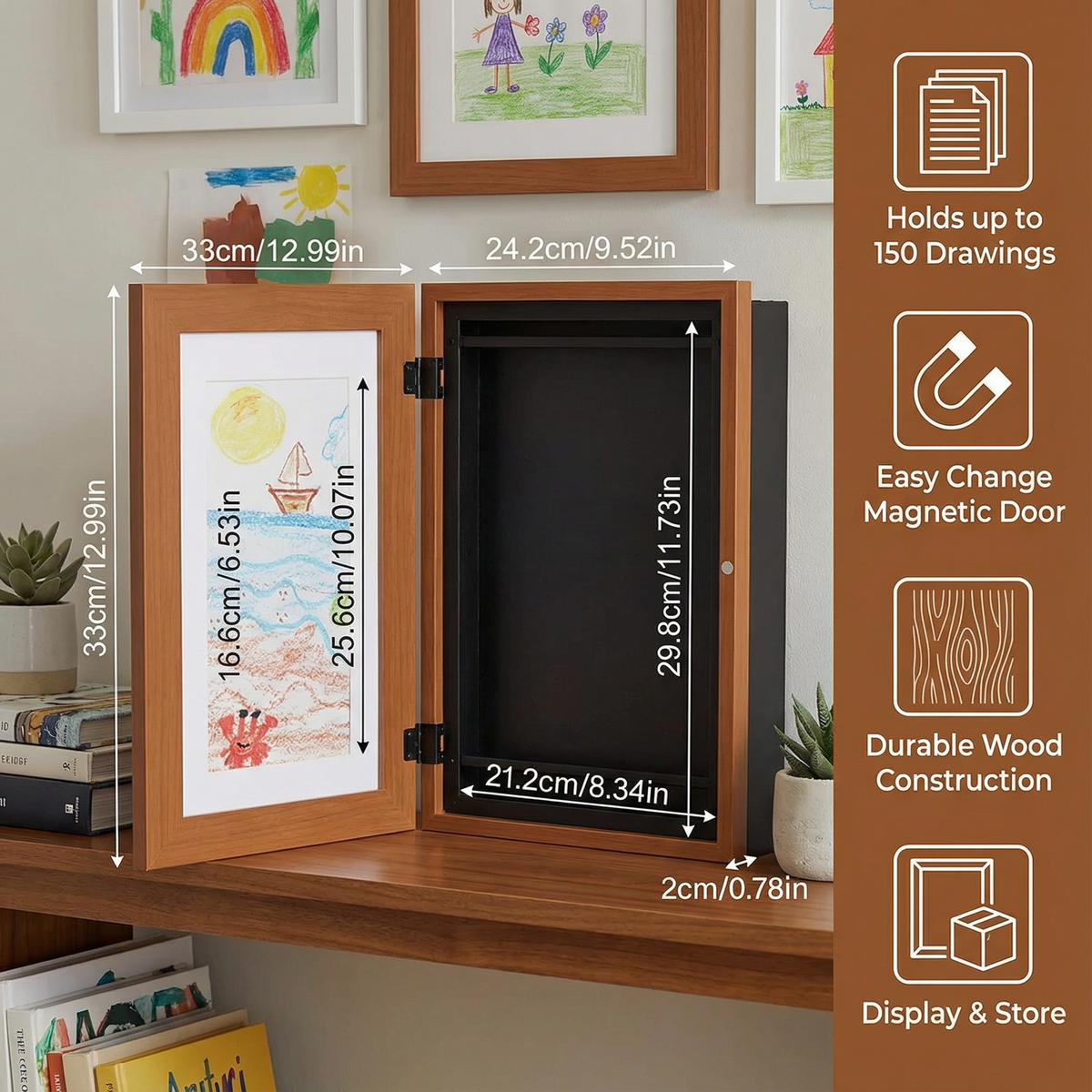 Kids Artwork Display Frame That Holds Up to 150 Drawings with Easy Flip Open Design