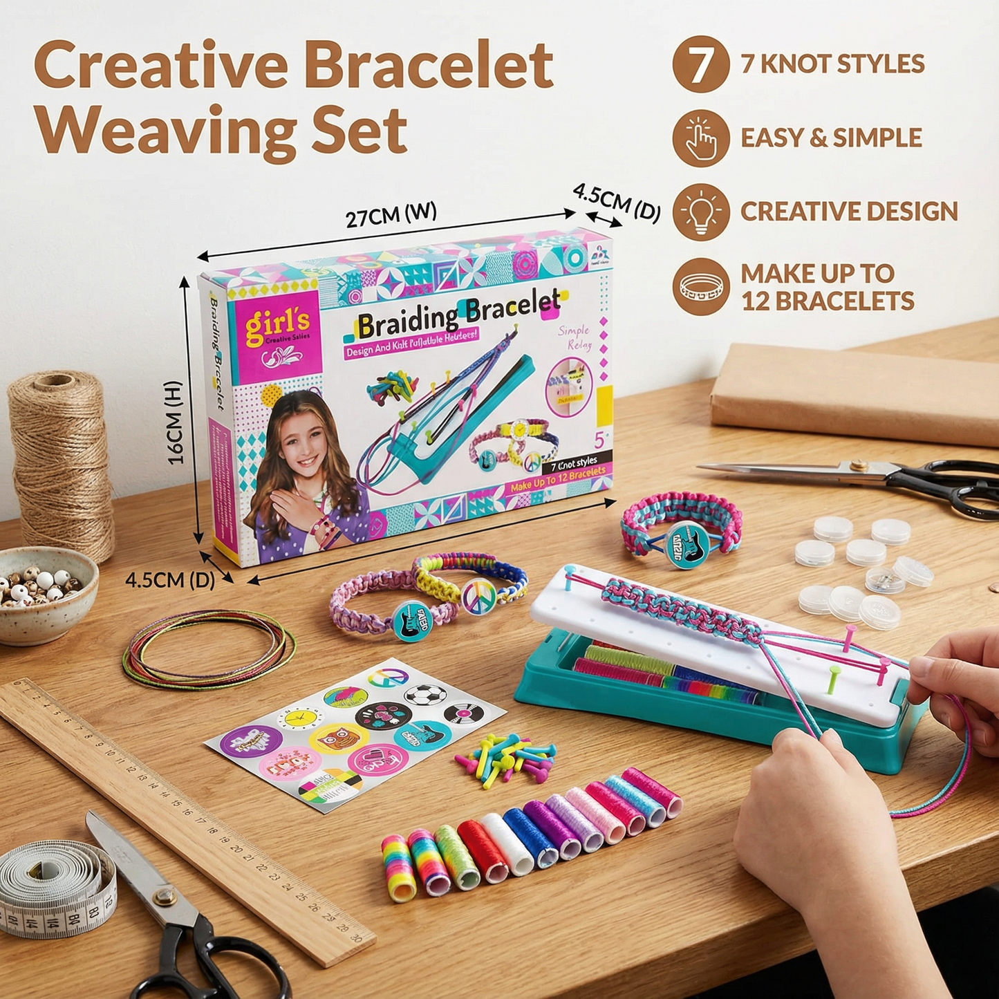 Friendship Bracelet Weaving Board with Colored Threads and Pattern Stickers