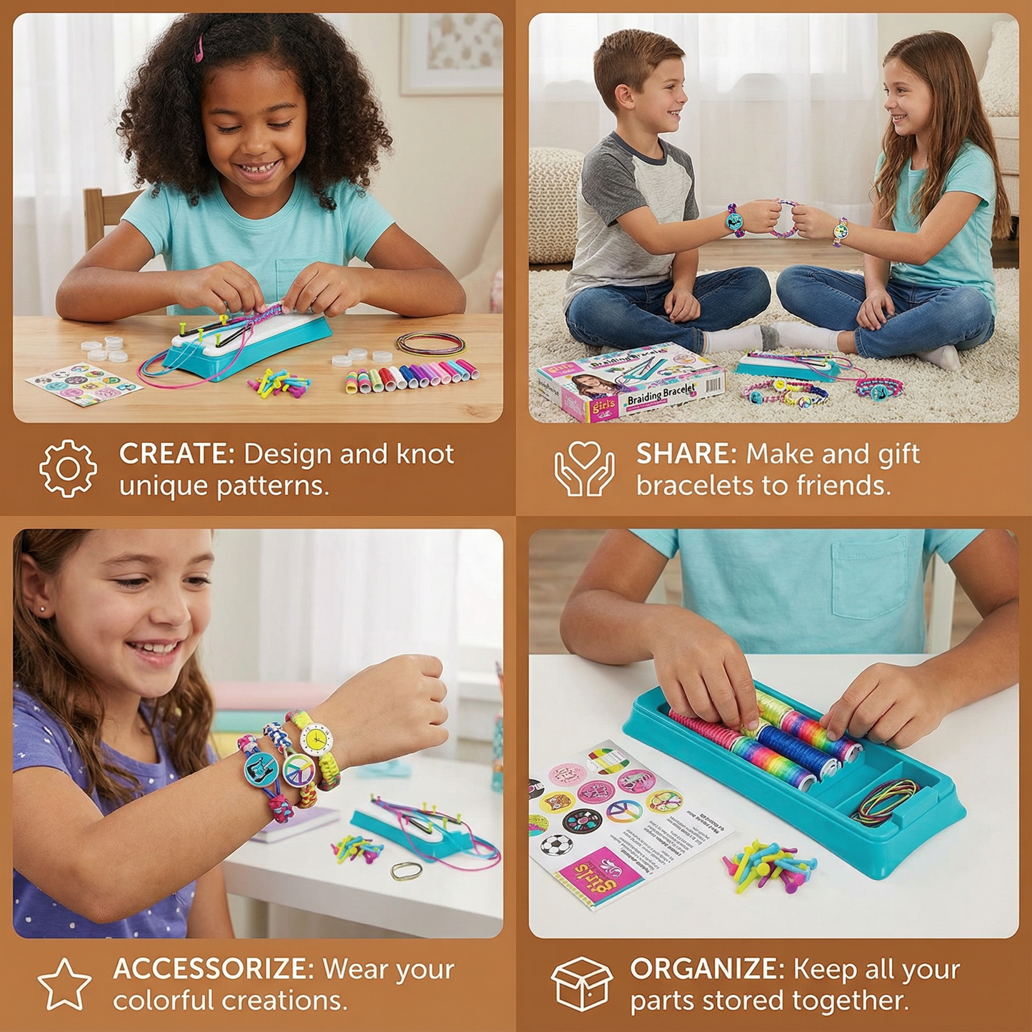 Friendship Bracelet Weaving Board with Colored Threads and Pattern Stickers