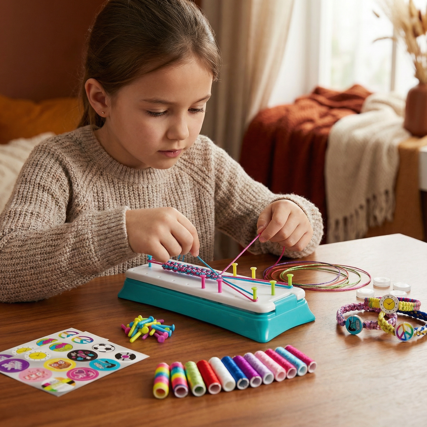 Friendship Bracelet Weaving Board with Colored Threads and Pattern Stickers