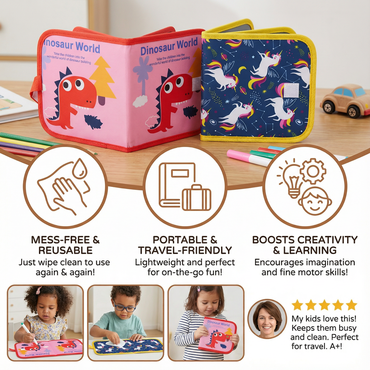 Reusable Kids Drawing Book with Wipe Clean Pages for Travel and Quiet Time
