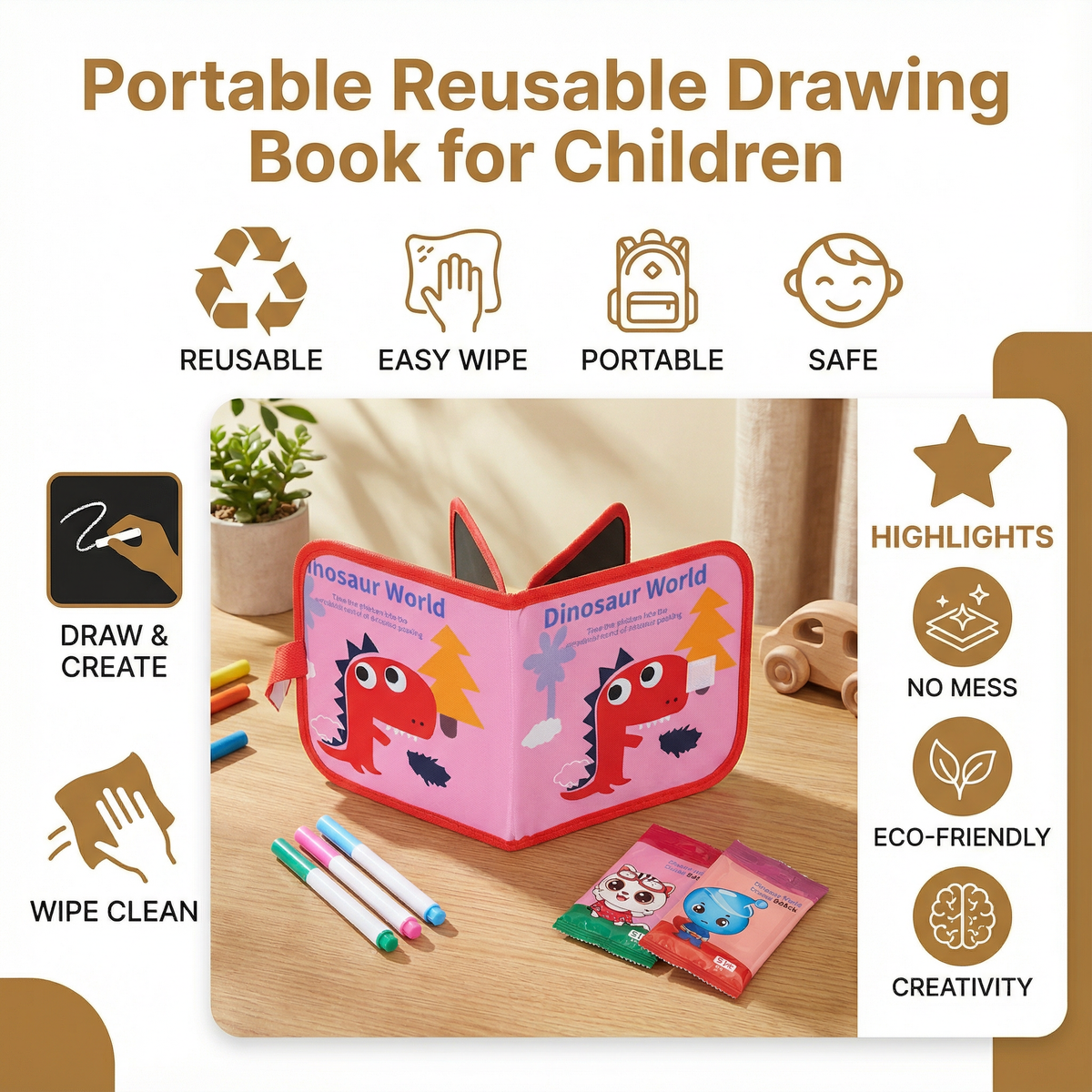 Reusable Kids Drawing Book with Wipe Clean Pages for Travel and Quiet Time