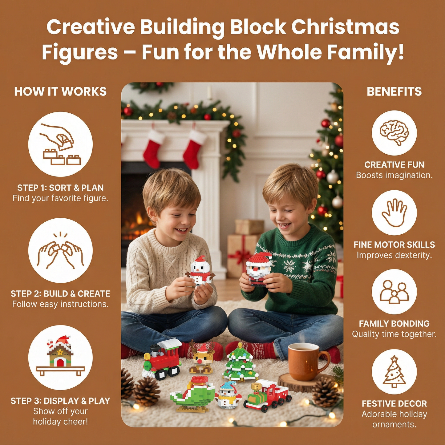Interlocking Building Block Holiday Characters with Assembly Instructions